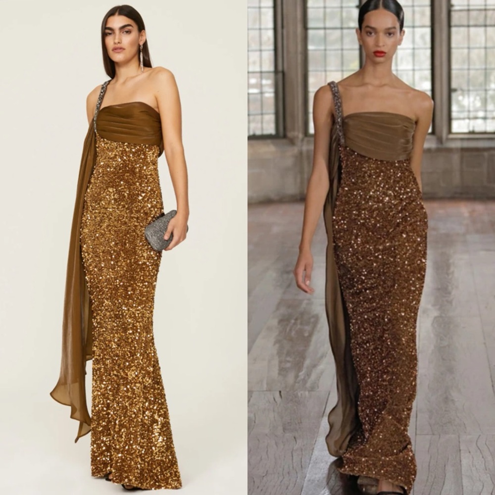 Badgley Mischka Caramel Sequin Gown Maxi Dress in Size 10